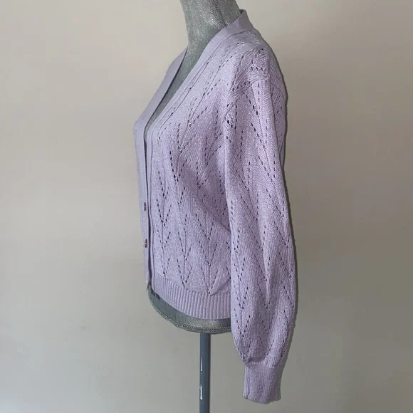 Coquette V Neck Pointelle Knit Cardigan Sweater Lavender Size S - Picture 4 of 13